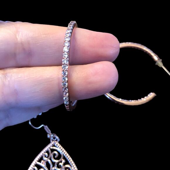 Earrings Set of 3, Hoops, Hammered, and Teardrops in Rose Goldtone - Picture 5 of 12